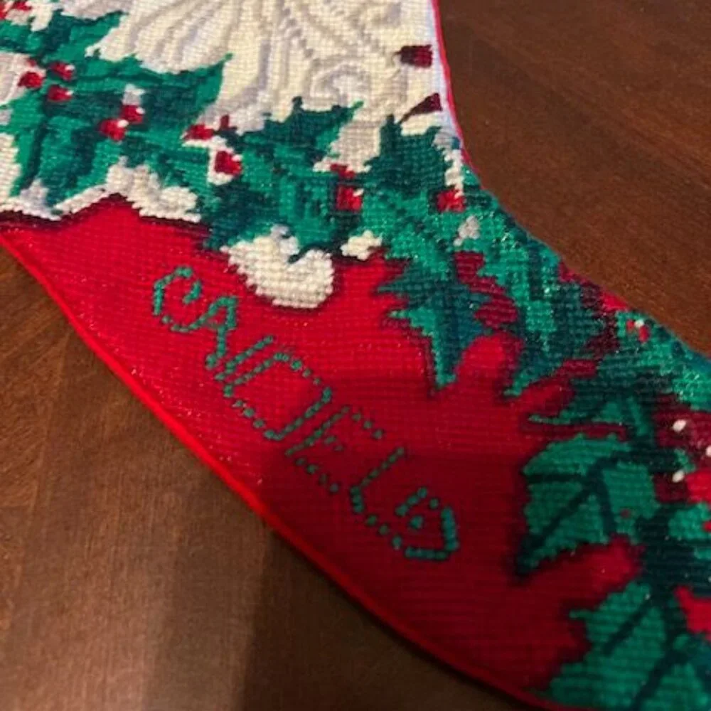 vintage Handmade Needlepoint Santa Christmas‎ Stocking Red & Green Noel name